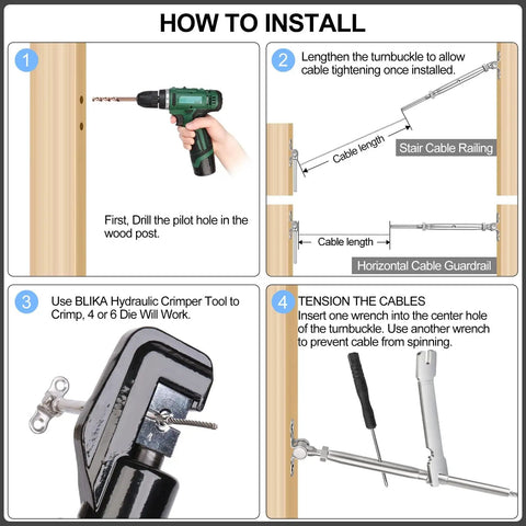 Diagram showing installation steps for the 30 Pair Set 1/8 Inch Cable Railing Kit With Swage Toggle Turnbuckle Hardware.