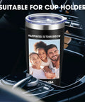 Custom 20oz Personalized Stainless Steel Coffee Tumbler With High Def Photo And Text Artwork in car cup holder.