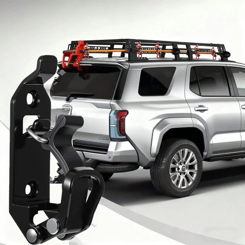 Close-up of Rugged Metal Rubber Shovel Mount for Roof Rack on a SUV with stainless steel brackets and rubber straps.