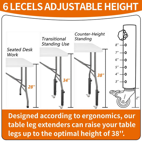 4 Pack Adjustable Table Leg Extenders With Wheels, Heavy Duty Steel Furniture Risers showing height settings of 28, 34, and 38 inches.