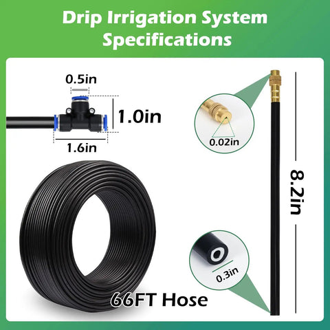 66 Ft Drip Irrigation Kit With Dope 20 Piece 360 Degree Adjustable Misting Nozzles And 0.3 Inch Hose specifications chart