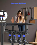 Under Workbench Drill Holder Table Mount With Clamp For Cordless Tools Grab And Go 16.6 Inch Reach 1 Tier Metal Shelf Organizer No Drill Needed Keeps Power Tools Within Reach installed under table