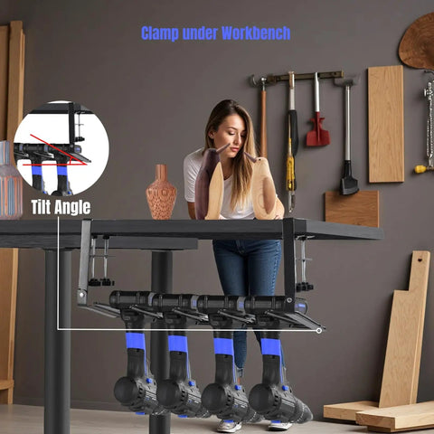 Under Workbench Drill Holder Table Mount With Clamp For Cordless Tools Grab And Go 16.6 Inch Reach 1 Tier Metal Shelf Organizer No Drill Needed Keeps Power Tools Within Reach installed under table
