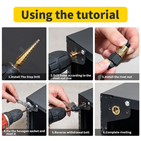 Tutorial using Rivet Nut Tool Kit With Step Drill Bit And 100 Rivet Nuts, SAE And Metric Mandrels for DIY projects.