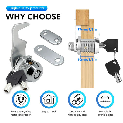 Five Eighth Inch Toolbox Lock With Keys Keyed Alike Tubular Cam Lock Zinc Alloy shown with components and measurements