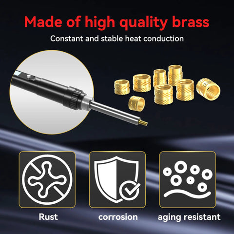 Heat Set Insert Tool Kit With 80W Soldering Iron 220 Brass Inserts And Heat Set Tips M2 To M8 For 3D Printed Parts And DIY Plastic Projects For Pro Makers And Home Enthusiasts showing iron and brass inserts.