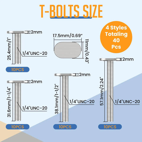 Track Bolts Kit 40 Pieces 1/4-20 For T Slot Tracks Four Lengths Illustrated Size Guide with Dimensions and Quantities