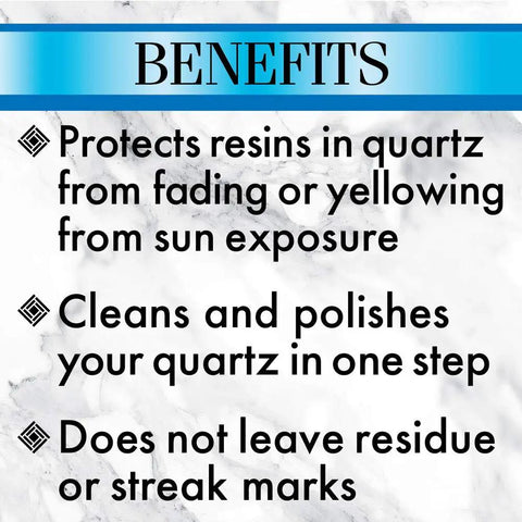 Quartz Countertop Clean And Shine Spray For Sealed Stone Surfaces PH Neutral Gentle On Quartz Prevents Fading From Sunlight Cleans Shines And Protects Your Kitchen Counters Looking Fresh benefits text on marble background