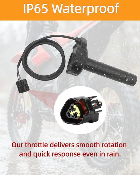 Full Twist Throttle Upgrade For Surron Electric Dirt Bike Waterproof E Bike Throttle Grips Kit showing rain resistance
