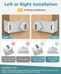 Left and right installation options for Built Like A Tank 90 Degree Cabinet Combination Lock Latch in white with alignment tips.