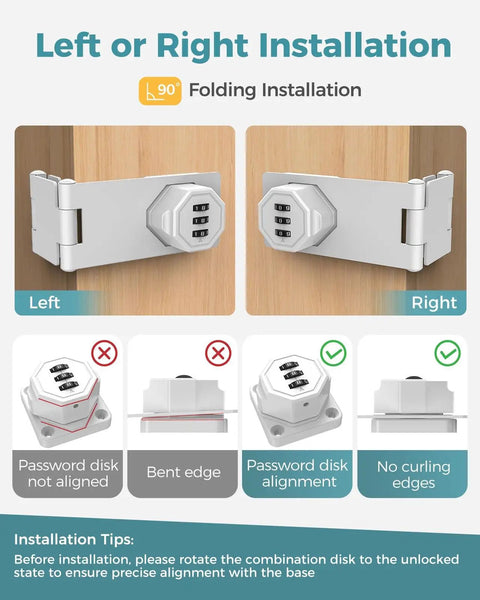 Left and right installation options for Built Like A Tank 90 Degree Cabinet Combination Lock Latch in white with alignment tips.