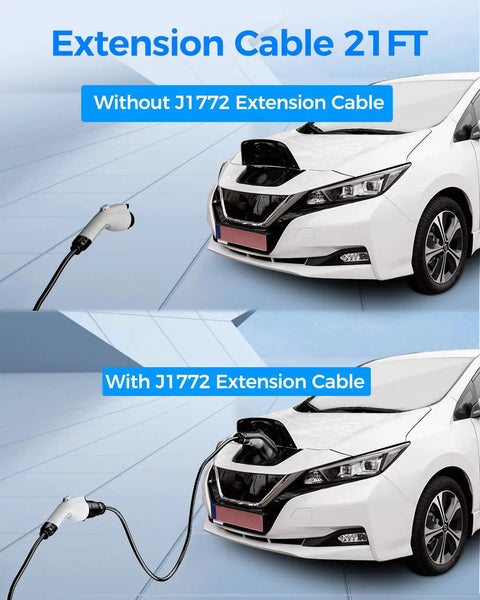 Car without and with 21ft 50Amp J1772 EV extension cable for Level 1 and Level 2 chargers, IP66 weatherproof power cord visible.