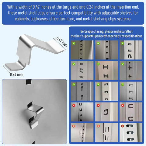 Removable Metal Shelf Support Clips For Universal Cabinet Mounts And Adjustable Shelving Brackets. 0.47x0.24 inch metal clips for secure fitting.