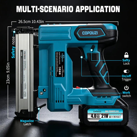 Zero Fuss 21V Cordless Nail Gun With Two 4.0Ah Batteries, close-up showing safety lock, on/off trigger, and magazine latch.