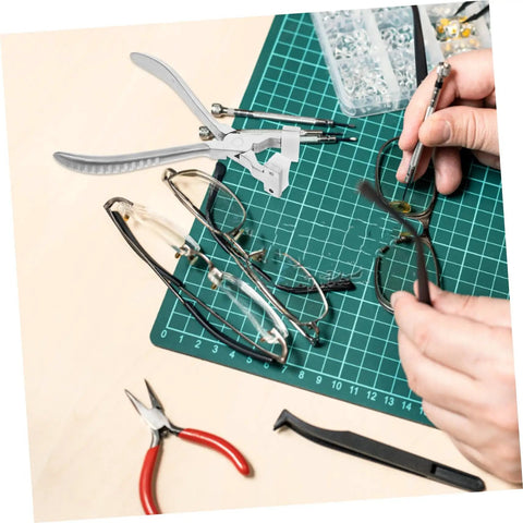 Person using eyeglass adjustment pliers for nose pad screws quick fix tool for tightening screws precise repairs for sunglasses and optical frames