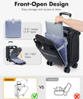 Front-open design of underseat carry on luggage 16 inch softside suitcase with detachable spinner wheels, black, fits under seats.