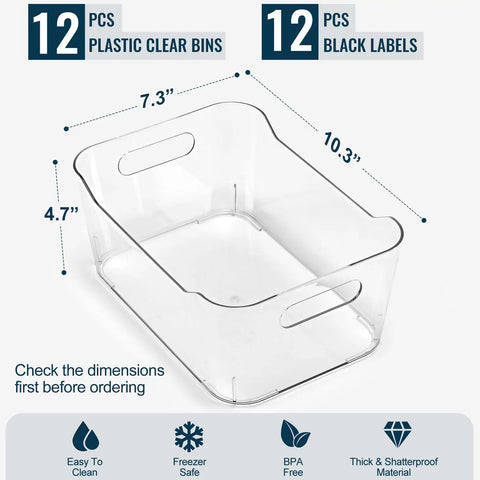 12 Pack Clear Plastic Storage Bins With Labels For Home, Kitchen, Pantry, Bathroom, Office And Cabinets, side view with dimensions