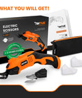 Slick Cordless Electric Fabric Scissors And Heavy Duty Cardboard Cutter With Two Swappable Blades Killer Rechargeable Craft Shears with accessories.