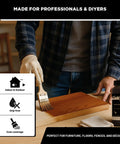 Colonial Dark Brown Water Based Wood Stain For Furniture And Crafting, applying stain to wood with a brush indoors.