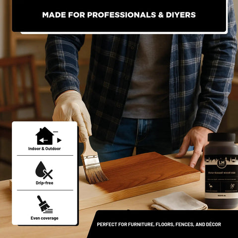 Colonial Dark Brown Water Based Wood Stain For Furniture And Crafting, applying stain to wood with a brush indoors.