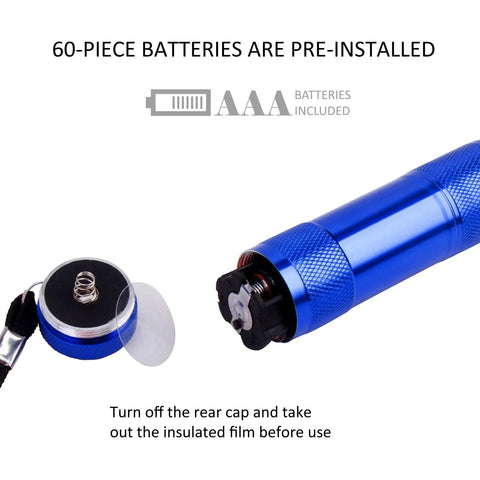 4 Pack Aluminum LED Flashlights Set With AAA Batteries Included showing open rear cap with battery removal instruction
