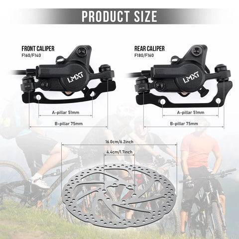 TOBWOLF hydraulic MTB disc brake set size diagram: front caliper F160/F140 and rear caliper F180/F160 with 160 mm rotors