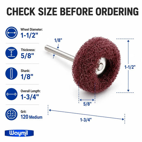 1 1/2 Inch Medium Grit Satin Finish Abrasive Buff Wheel With 1/8 Inch Shank Mounted For Rotary Tools and Flex Shaft.