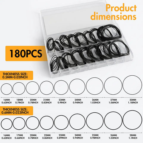 180 Piece Watch Gasket Kit O Rings 18 Sizes 16-30mm Rubber Seals for Watch Back Case Waterproof Repair and Replacement DIY Set