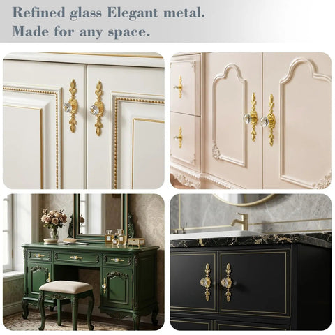 Six Pack Gold Crystal Cabinet Knobs With Ornate Backplates 4.5 Inch Decorative Drawer Knobs For Kitchen Cabinets