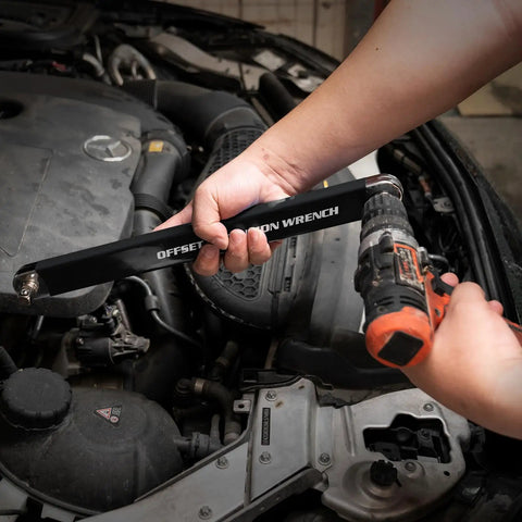 Offset Extension Wrench Kit With Half Inch, Quarter Inch And Three Eighth Inch Square Drive Adapters In Use Under Car Hood