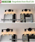 Three Light Matte Black Bathroom Vanity Light Fixtures With Clear Glass Shades installed in a bathroom, showcasing modern design.
