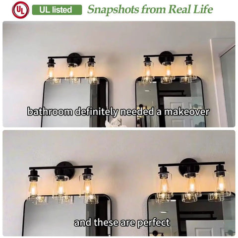 Three Light Matte Black Bathroom Vanity Light Fixtures With Clear Glass Shades installed in a bathroom, showcasing modern design.