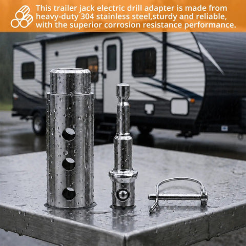 Heavy Duty Trailer Jack Drill Adapter For 1 Inch Drive Shafts With One Half Inch Socket shown on a wet surface, highlighting stainless steel durability.