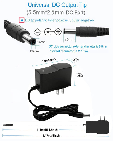 9V DC Power Supply 1A AC Adapter 100 240V Input 50 60Hz 9V Output 1A Max 10W With 4.6Ft Cable and Eight Tips including 5.5x2.5mm