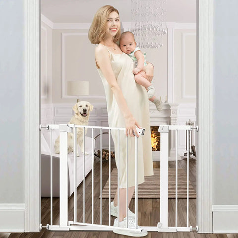 Extra Wide Auto Close Baby Gate With Easy Walk Through For Stairs And Doorways Pressure Mounted No Drilling With Two Extensions shown in use