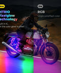 Motorcycle with Lit Underglow LED Kit and pixelglow effects, showcasing RGB lights under vehicle, comparison of new and old lighting technologies.