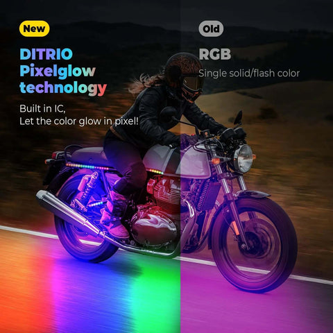 Motorcycle with Lit Underglow LED Kit and pixelglow effects, showcasing RGB lights under vehicle, comparison of new and old lighting technologies.