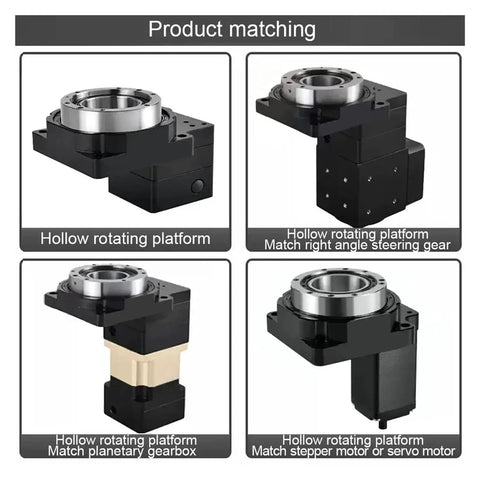 Hollow rotary platform components for CNC setups, showcasing product matches including servo motor and steering gear. Rock Solid Hella Precise Cnc Hollow Rotary Platform With Cross Roller Bearings And Ten To One Ratio For Tight Cutting Tables And Quick Automation Projects.