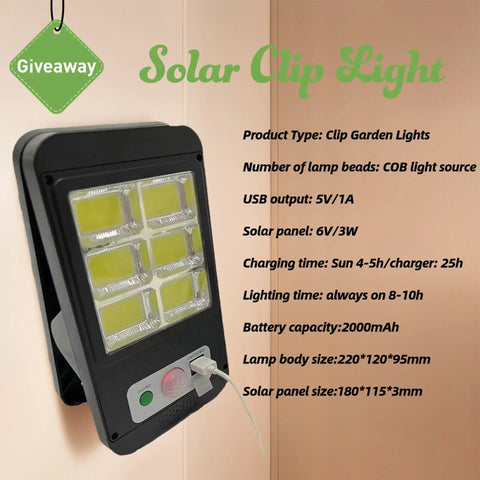 Solar clip light with COB lamp beads and USB output, featuring a 2000mAh battery and solar panel, shown on a beige background.