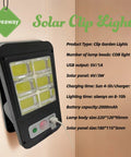 Solar Clip Light with COB lamp beads, USB output, 2000mAh battery, black casing