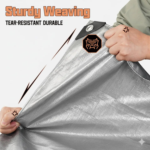 Person demonstrating the strength of Heavy Duty 8x10 Ft Tarp Waterproof 10 Mil Thick Reversible Silver And Brown Outdoor Cover