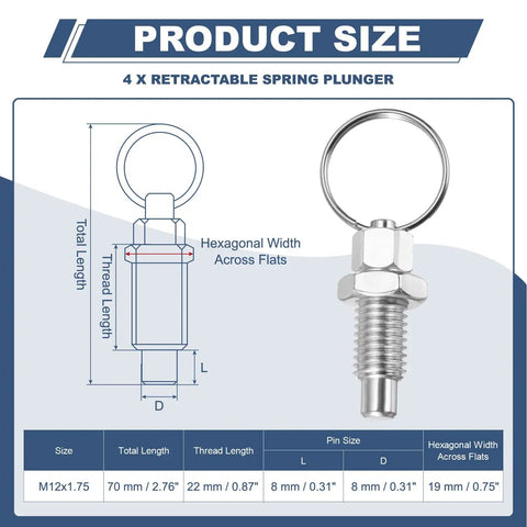 Zero Slack M12X1.75 Stainless Steel Spring Plunger With Pull Ring dimensions and specifications chart for jigs and cabinet hardware.