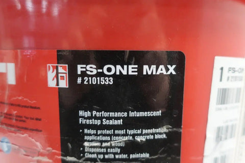 Close-up of FS-One Max 5 Gallon Intumescent Firestop Sealant label with product information and branding.
