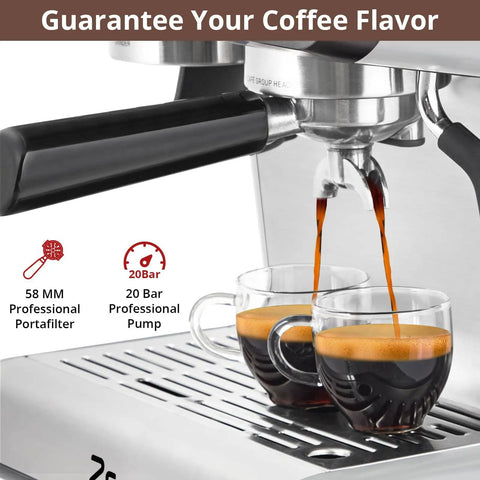 Top Shelf Espresso Machine With Integrated Grinder And Effortless Milk Frother Pro Level Coffee Maker pouring espresso shots into cups.