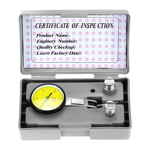 Front view of QWORK dial test indicator with yellow dial, steel dovetail clamps, in gray plastic case.