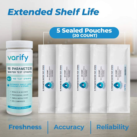 Image showing 17In1 Complete Drinking Water Test Kit With 100 Strips And 2 Bacteria Tests, including sealed pouches for freshness.