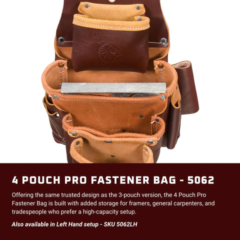 Top view of 4 Pouch Pro Fastener Bag All Leather Tool Tote With 10 Pockets And Tool Holders For Carpenters And Framers Four Stacked Compartments
