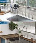 Heavy Duty Two Handle Kitchen Faucet With Pull Down Sprayer And Four Hole Deck Mount In Sleek Brushed Nickel Finish, shown in kitchen and RV settings.