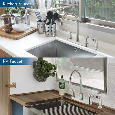Heavy Duty Two Handle Kitchen Faucet With Pull Down Sprayer And Four Hole Deck Mount In Sleek Brushed Nickel Finish, shown in kitchen and RV settings.