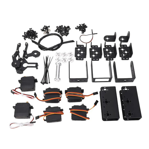 Industrial Grade Black Aluminum Six Axis Robotic Arm Claw Kit parts layout including servos and assembly tools.